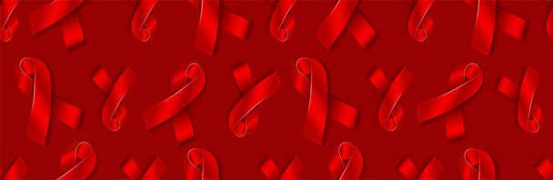 Journée du sida Modèle sans couture. Ruban rouge réaliste de sensibilisation à la Journée mondiale du sida 1er décembre. Couverture médicale VIH isolée sur rouge. 3D Prevention Campaign web header, flyer, frame, announcement, add
 - Vecteur, image