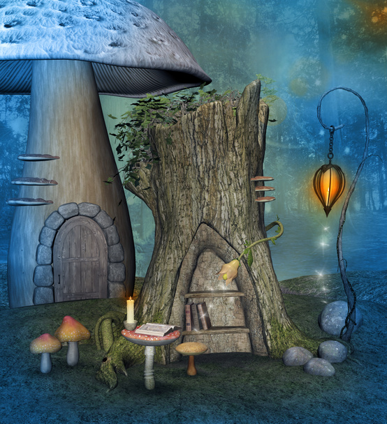 Enchanted old trunk with a bookshelf in the fairy village, 3D illustration - Photo, Image