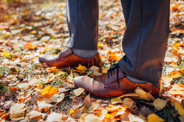 Επιχειρηματίας που φοράει παπούτσια στο πάρκο το φθινόπωρο. Καφέ δερμάτινα κλασικά υποδήματα. - Φωτογραφία, εικόνα