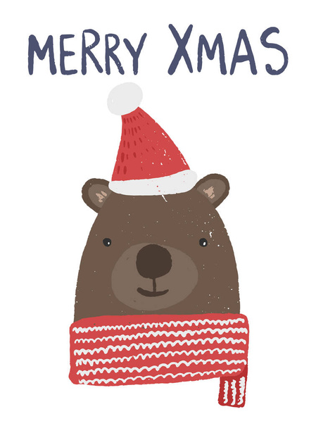 Christmas greeting card with cute bear in hat - Вектор,изображение