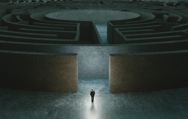Businessman standing in front of the entrance to the maze. 3d rendering - Fotografie, Obrázek