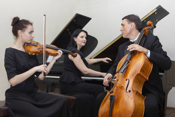Musicians of the symphony orchestra. A young violinist and cellist play, the pianist accompanies them. - Foto, immagini