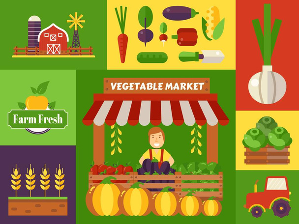 Vegetable market of local farm products, vector illustration. Colorful collage of stickers in flat design, harvest festival icons. Support eco farmers - Vector, Image