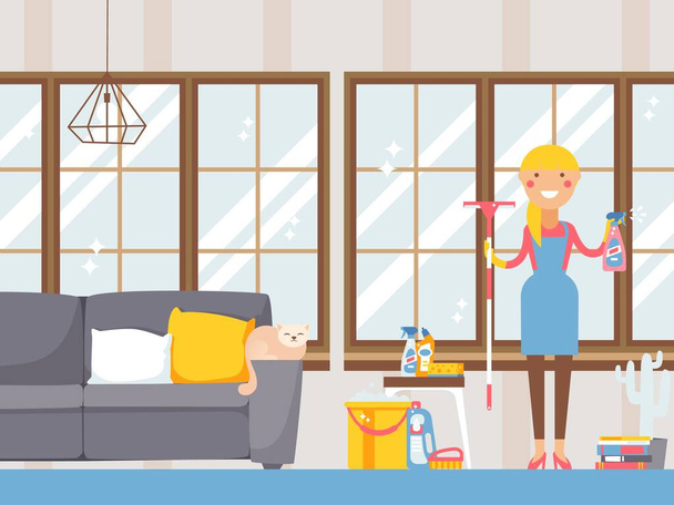 Sprzątanie mieszkania gospodyni domowej, ilustracja wektora. Uśmiechnięta kobieta w fartuchu z mopem w błyszczącym salonie z dużymi oknami. Narzędzia czyszczące i detergenty do prania - Wektor, obraz