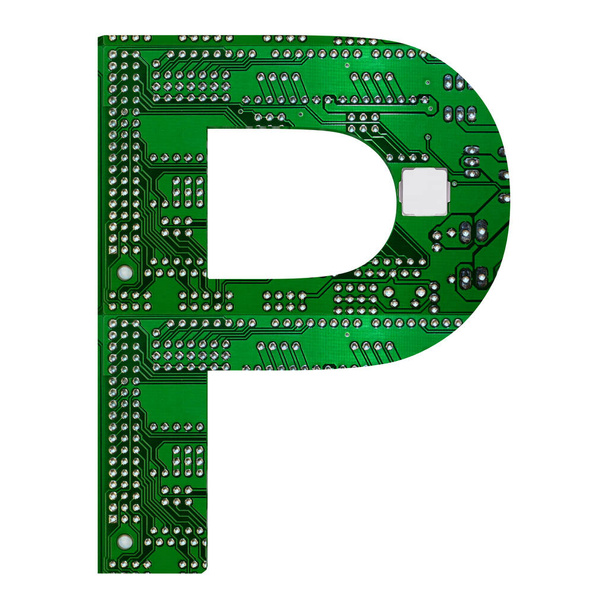P harfi, devre kartı şeklinde alfabe. Beyaza izole edilmiş dijital yüksek teknoloji harfi. 3d illüstrasyon - Fotoğraf, Görsel