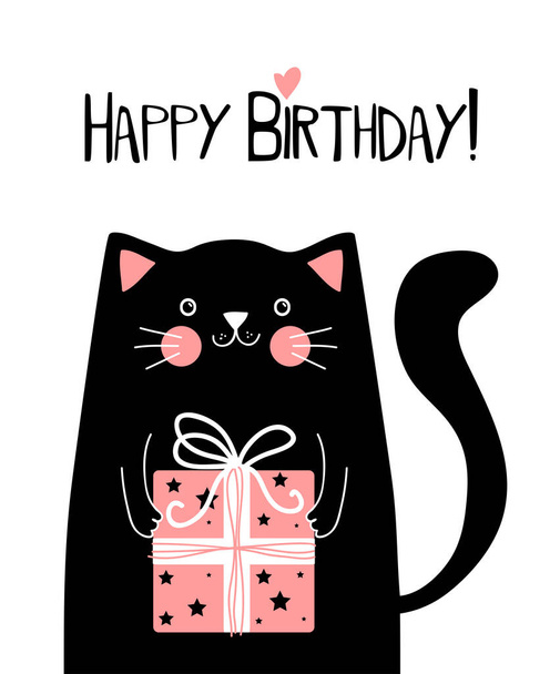 Kawaii black cat with gift box and lettering happy birthday , vector illustration - Vector, Image