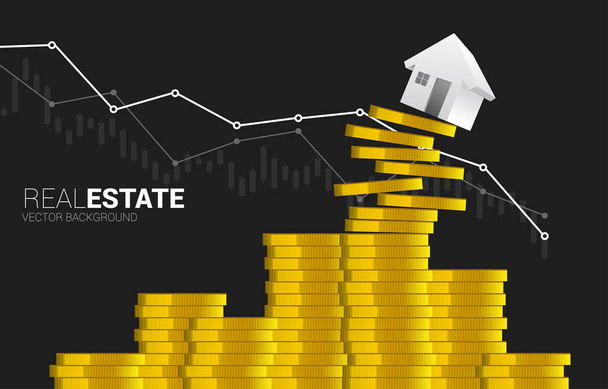 Czerwony dom 3D spada z stosu monet. Pojęcie spadku wartości nieruchomości i ceny nieruchomości - Wektor, obraz