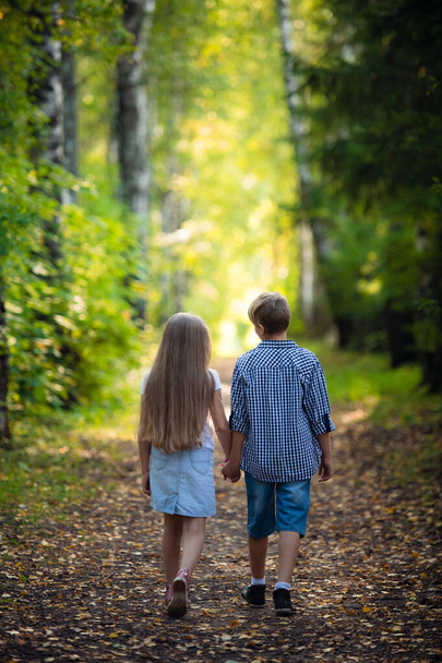První láska. Chlapeček a děvče se drží za ruce a usmívají se, když chodí ven v parku - Fotografie, Obrázek