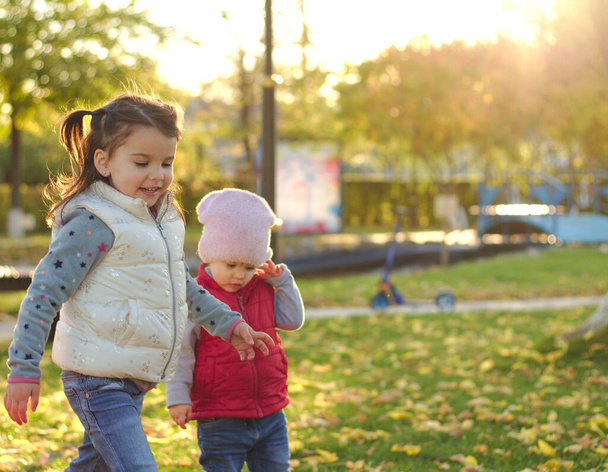 Two children hugging on autumn walk in the park outdoors after playing with fallen leaves in the rays of sunset. - Photo, Image