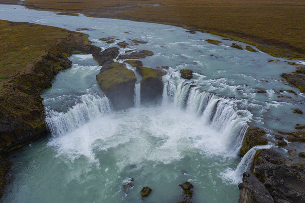 Godafoss, One of the most famous waterfalls in Iceland. Aerial drone shot in september 2019 - 写真・画像