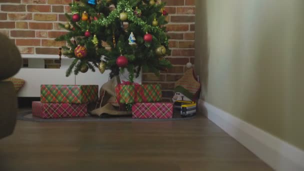 Arbre de Noël avec lumière décorative. coffrets cadeaux et machine à vapeur jouet sur le sol. - Séquence, vidéo