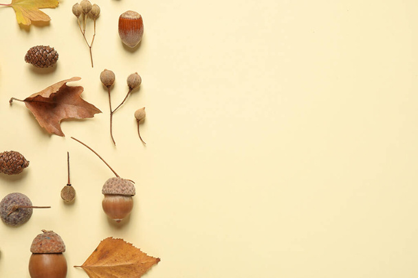 Flat lay composition with autumn leaves on beige background. Space for text - Foto, afbeelding