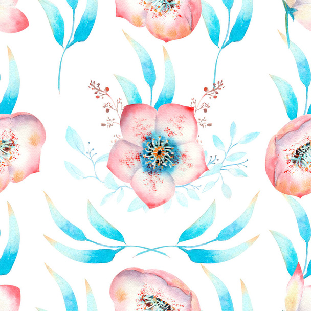 Seamless pattern with pink hellebore flowers, buds, leaves, decorative twigs on white isolated . Watercolor illustration, handmade. - 写真・画像