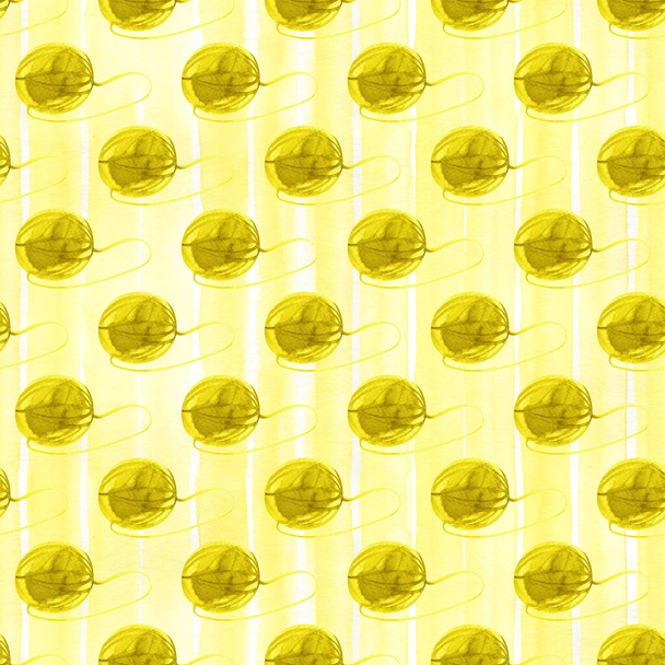 Seamless pattern with watercolor yellow ball of yarn hand drawn on a tender background - Φωτογραφία, εικόνα