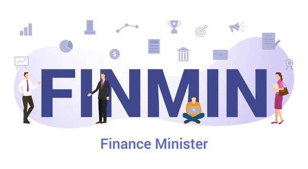finmin financial or finance minister concept with big word or text and team people with modern flat style - vector - Vector, Image