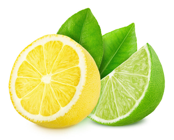 Multicolored composition with slices of sour citrus fruits - lime and lemon isolated on a white background. - 写真・画像