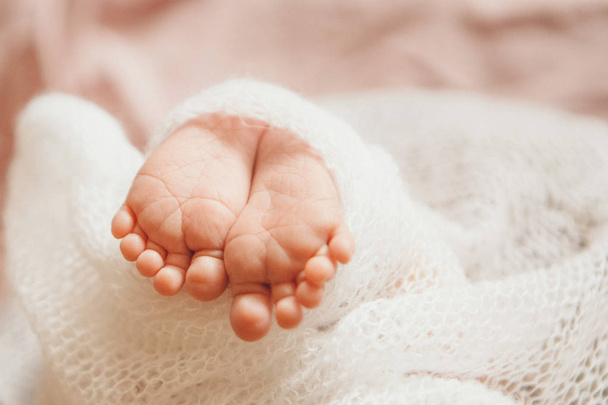 Baby's feet, fingers close up. newborn baby legs, massage concept of childhood, health care, IVF, hygiene - Foto, imagen