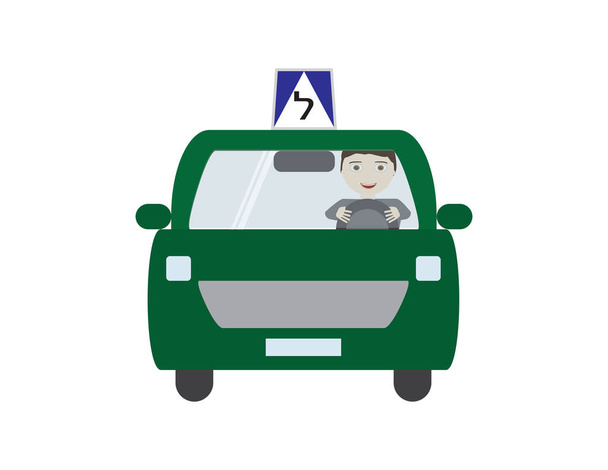 Green Israeli Driving School Car with Male Character - Vector, Image