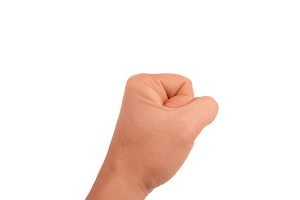 Fist of adult guy. Up view. Gesture of man hand on transparent i - Φωτογραφία, εικόνα