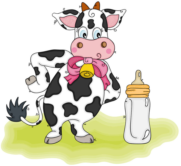 Aranyos tehén és tej cumisüveg zöld füvön - Vektor, kép