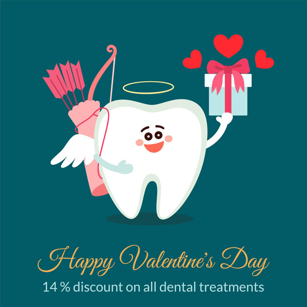 Стоматологическая валентинка. Карикатурный зуб Купидона. Happy Valentine 's Day
 - Вектор,изображение