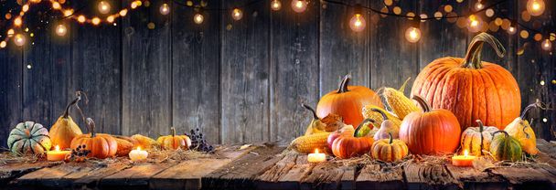 Thanksgiving - Pompoenen en maïskolven op rustieke tafel - Foto, afbeelding