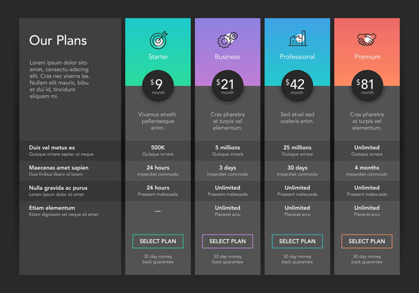 Modern pricing comparison table with four subscription plans and place for description - dark version. Flat infographic design template for website or presentation. - Vector, Image