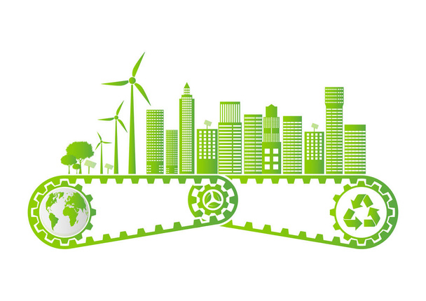 Ecología ahorrando concepto de engranaje y desarrollo de energía sostenible ambiental, ilustración vectorial
  - Vector, imagen
