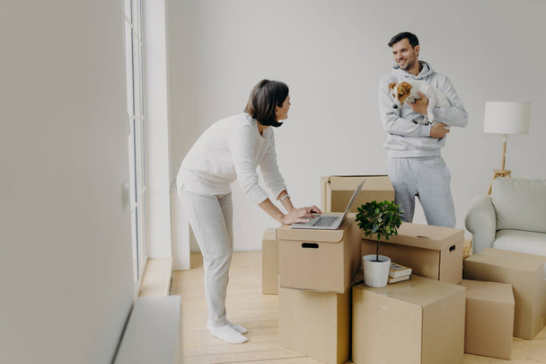 Busy woman tries to find information in laptop computer, buys furniture online, man stands with dog on hands, smiles and talks to wife, surrounded with pile of cardboard boxes have to unpack property - Photo, Image