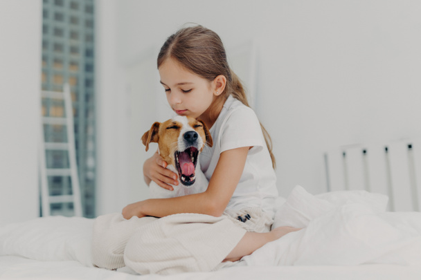 Fair haired small girl with pony tail wears casual pyjamas, embraces dog who yawns, pose together on comfortable bed, expresses love and care to domestic animal, spends morning weekend at home - Photo, Image