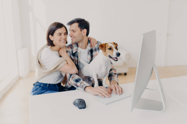 Milující pár v náručí a chystá se líbat, dívat se na romantický film v moderním počítači, rodokmen pes zaměřený na monitor se zájmem. Krásná rodina tráví volný čas v domácí atmosféře - Fotografie, Obrázek