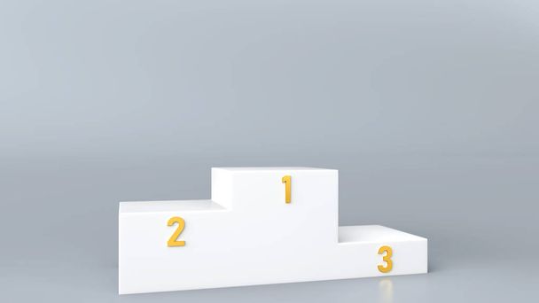 White winners podium isolated on blue background. Blank pedestal for award ceremony. Space for text, empty podium and studio lighting, 3D rendering. - Photo, Image