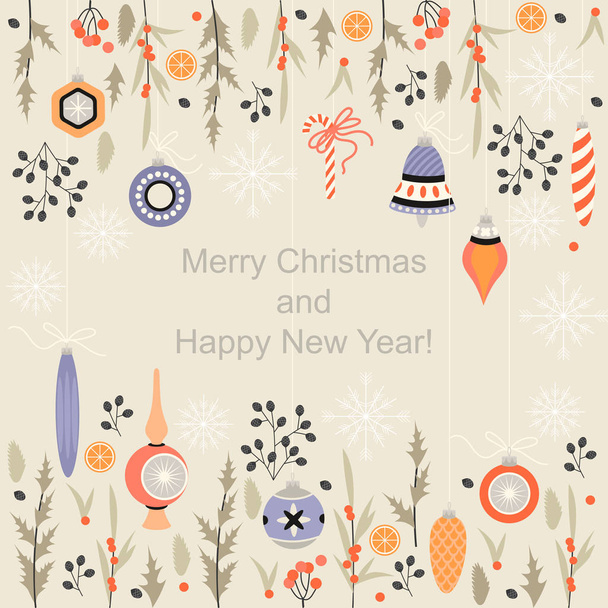 Tarjeta de felicitación para Navidad y Año Nuevo con decoraciones navideñas y copos de nieve
 - Vector, imagen