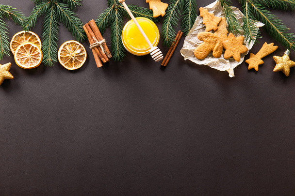 Winter holidays symbolic objects in flat lay composition on textured background. - Photo, Image