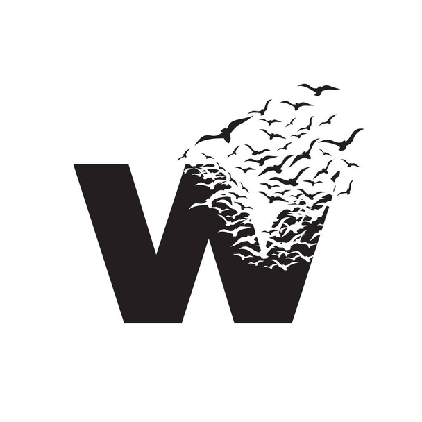 letter W with effect of destruction. Dispersion. Birds - Vector, Image