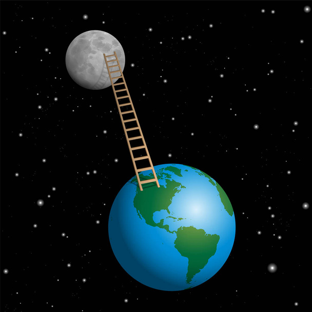 Ladder from earth to moon. Vector illustration on starry black cosmic background. - Vector, Image