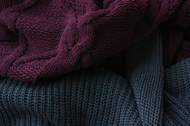Beautiful knitted grey and purple sweater view - Photo, Image
