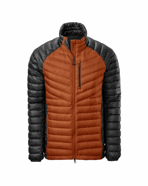 Men's orange with black warm sport puffer jacket isolated over white background. Ghost mannequin photography - Photo, Image