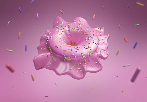 Divertido donut rosa en movimiento con coloridas salpicaduras cayendo y bailando en el fondo rosa. Ilustración creativa 3d
 - Foto, imagen