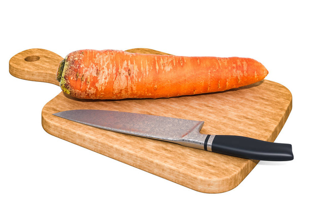 Carrot lies on a wooden board next to a knife, 3D rendering - Fotó, kép