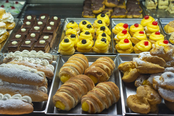 Italian pastry shop. Showcase on pastry shop.  - Photo, Image