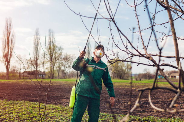 Αγρότης ψεκάζει δέντρο με χειροκίνητο ψεκαστήρα φυτοφαρμάκων κατά των εντόμων στον κήπο φθινόπωρο. Γεωργία και κηπουρική - Φωτογραφία, εικόνα