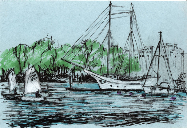 kresba jachty na řece na modrém papíře - Fotografie, Obrázek