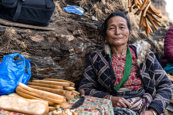 Een Aziatische vrouw van middelbare leeftijd verkoopt Himalaya gouden hond kauwen - Foto, afbeelding