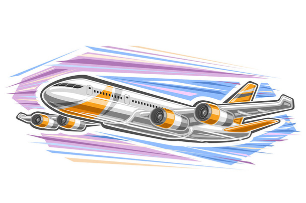 Logotipo vectorial para avión en movimiento, etiqueta decorativa con ilustración de avión moderno de alta velocidad con 4 turbinas volando sobre fondo abstracto del cielo
. - Vector, imagen