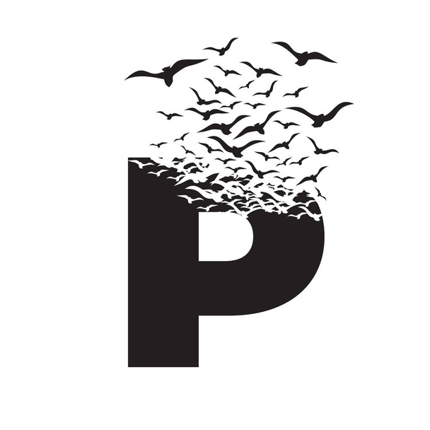 letter P with effect of destruction. Dispersion. Birds - Vector, Image