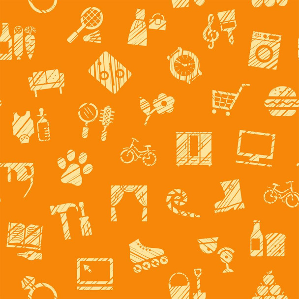 Shops, seamless pattern, color, hatching, orange, vector. Different product categories. Imitation of pencil hatching. Yellow icons on an orange field.   - Vettoriali, immagini