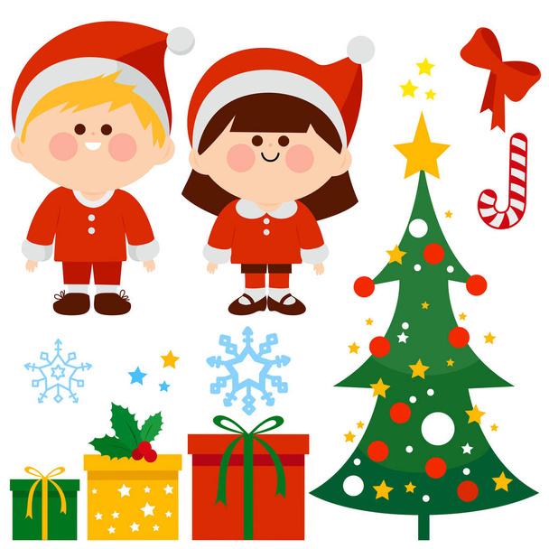 Χριστουγεννιάτικη συλλογή διάνυσμα με τα παιδιά ντυμένα με κοστούμια Άγιος Βασίλης, χριστουγεννιάτικο δέντρο και δώρα. Εικονογράφηση διανύσματος - Διάνυσμα, εικόνα