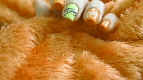 kobieta ręka piękny manicure futro, zwolniony ruch - Materiał filmowy, wideo