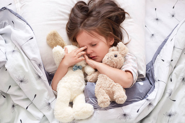 Close up portrait of cute little caucasian baby girl hugs soft teddy bear and dog toy. Portrait of sweetly sleeping toddler with pacifier, lying in bed with closed eyes. Concept of love and child care - Fotoğraf, Görsel